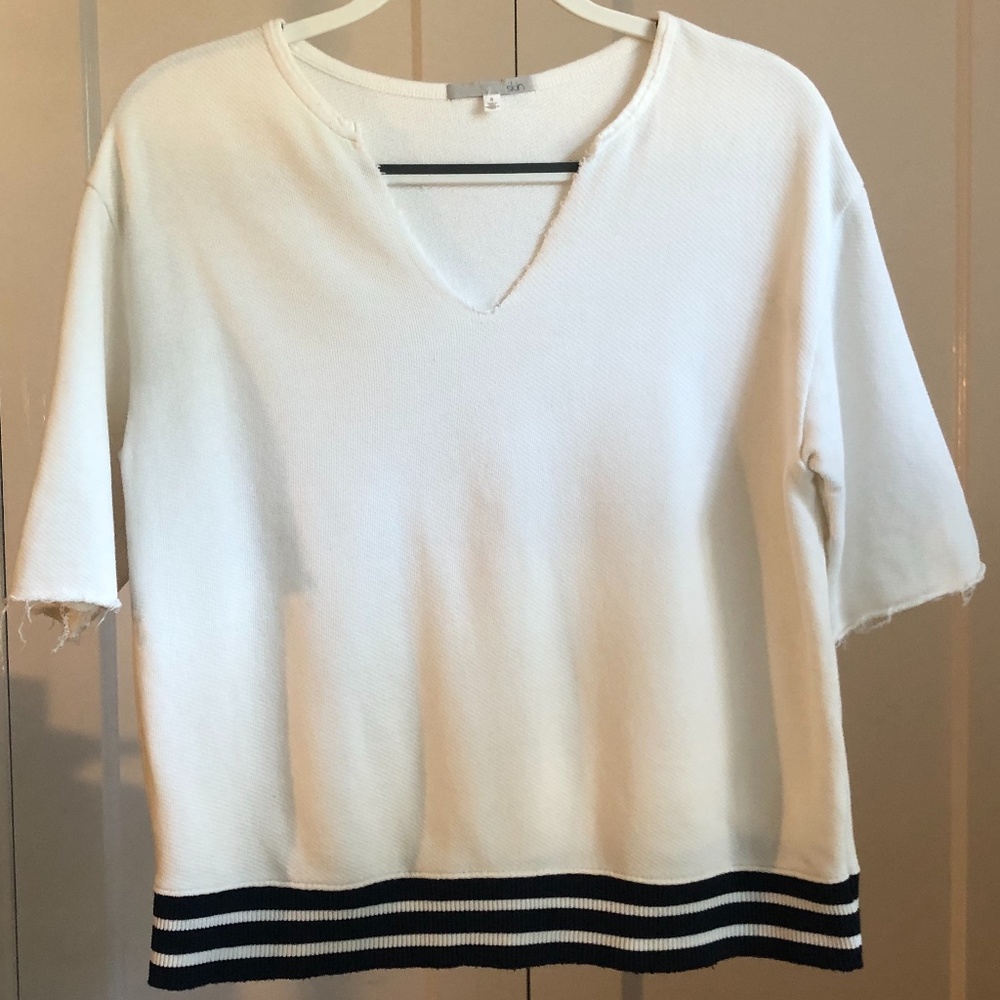 SKIN oversized white tee with blue striped trim